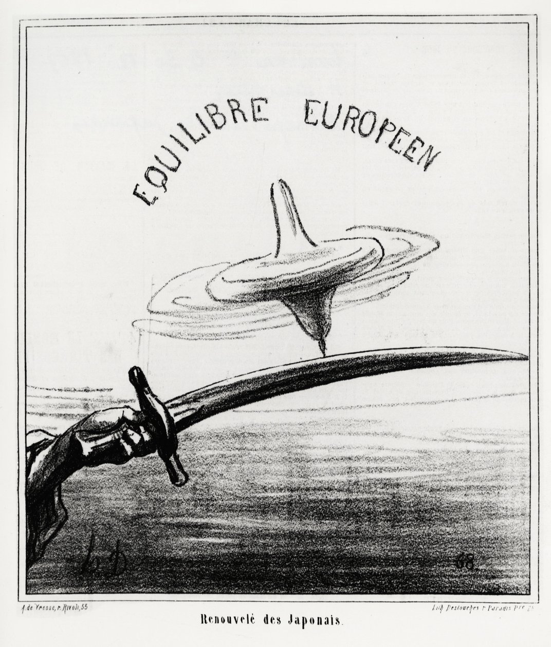 Equilibrio europeo: Renacimiento japonés. Justo después de la restauración del régimen imperial en Japón, tras la renuncia del shogunato Tokugawa en noviembre de 1867. Ilustración de Honoré Daumier, publicada en las noticias, “Charivari”, fechada el 30 de  de Honoré Daumier