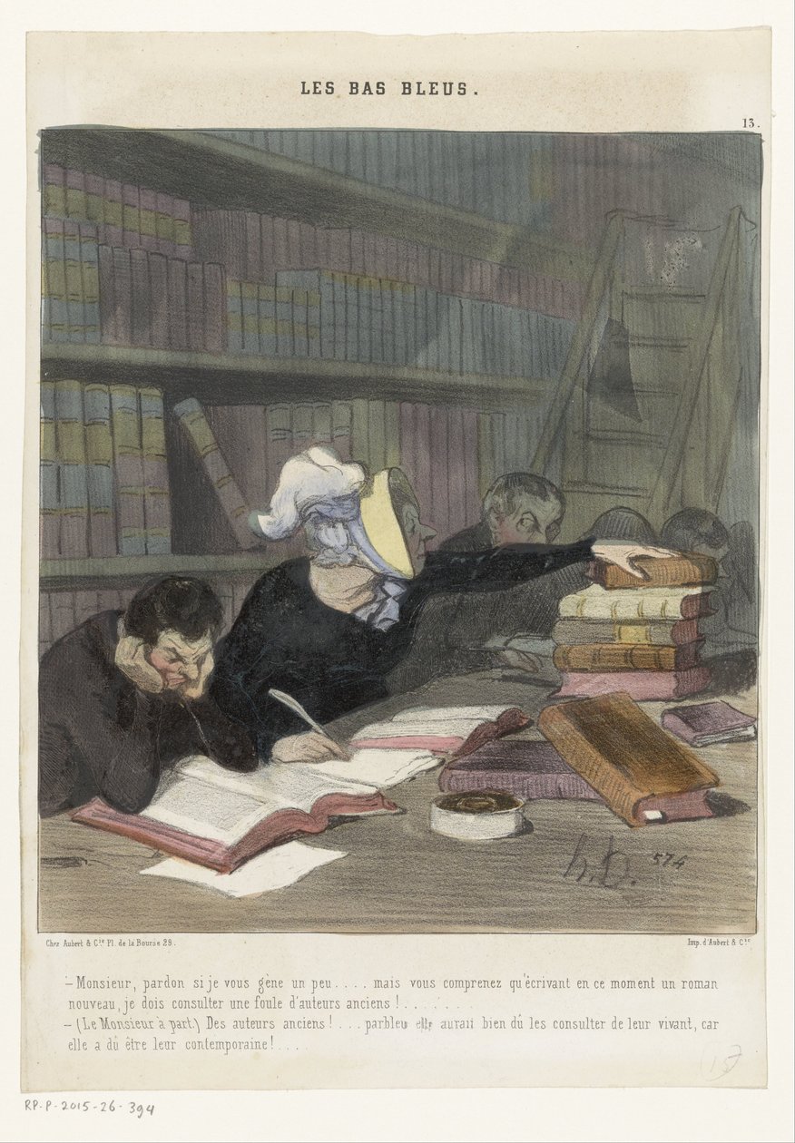 Figuras detrás de una mesa de lectura en una biblioteca pública
Les Bas Bleus (título de la serie en el objeto) de Honoré Daumier