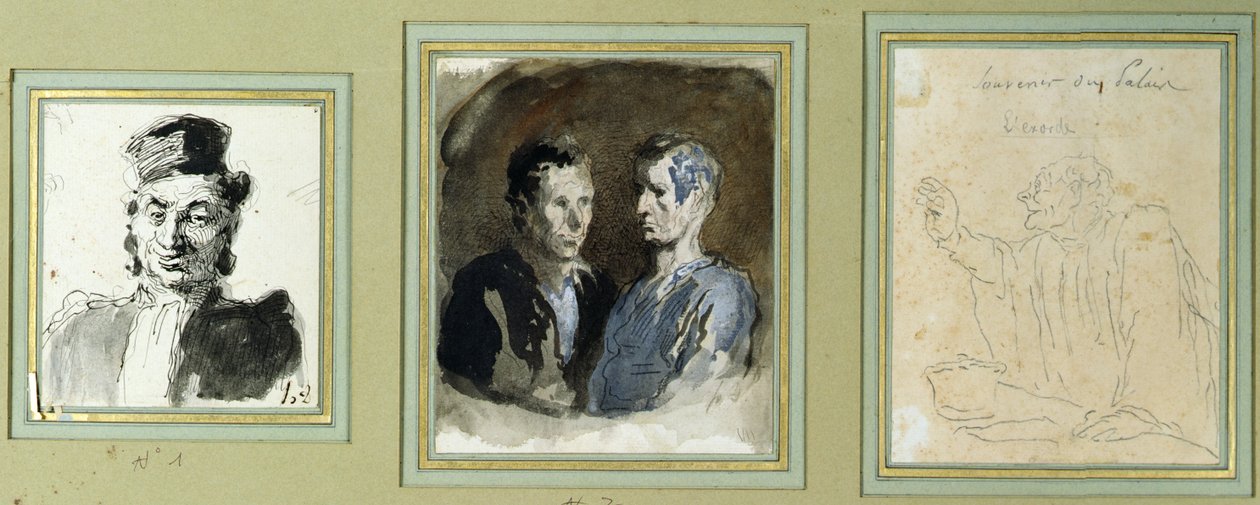 Vista frontal de un abogado, dos acusados y un litigante de Honoré Daumier