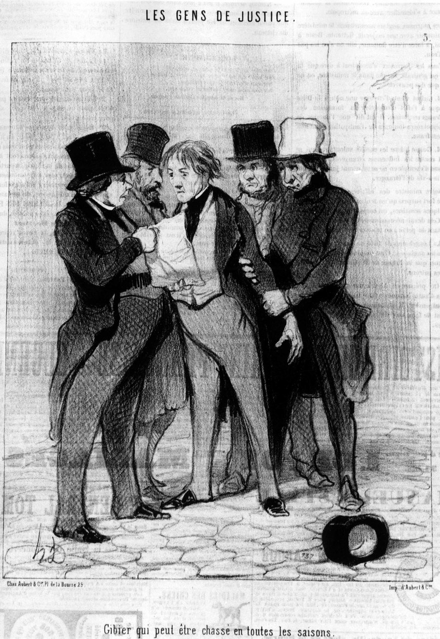 Juego que se puede cazar en todas las estaciones, tomado de la serie “Gente de Justicia”, serie de caricaturas sobre la justicia de Honoré Daumier. “Charivari” de Honoré Daumier
