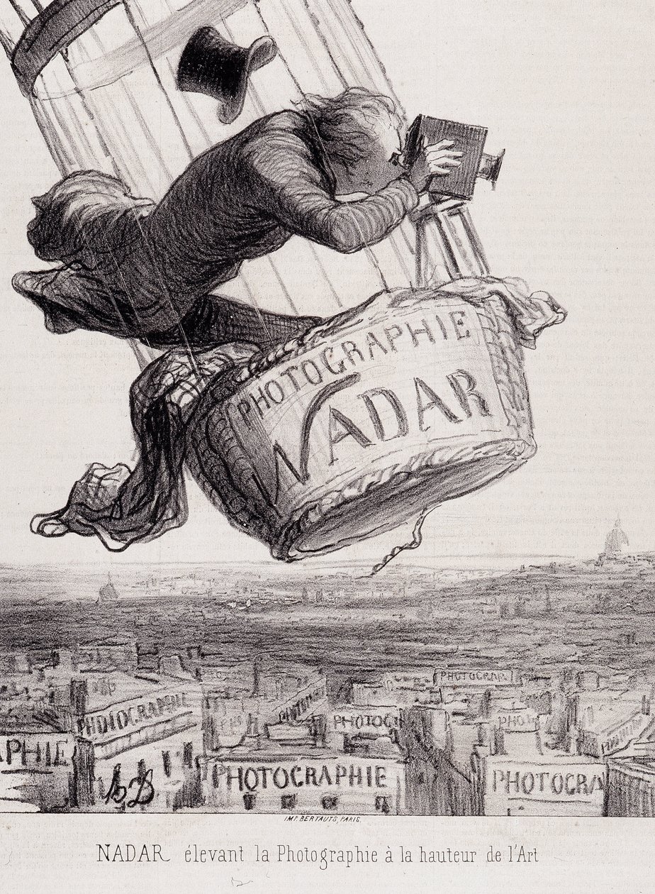 Gaspard Felix Tournachon, conocido como Felix Nadar (1820-1910) elevando la fotografía a la altura del arte. Litografía basada en un dibujo sobre papel. Dim: 29x41cm. de Honoré Daumier