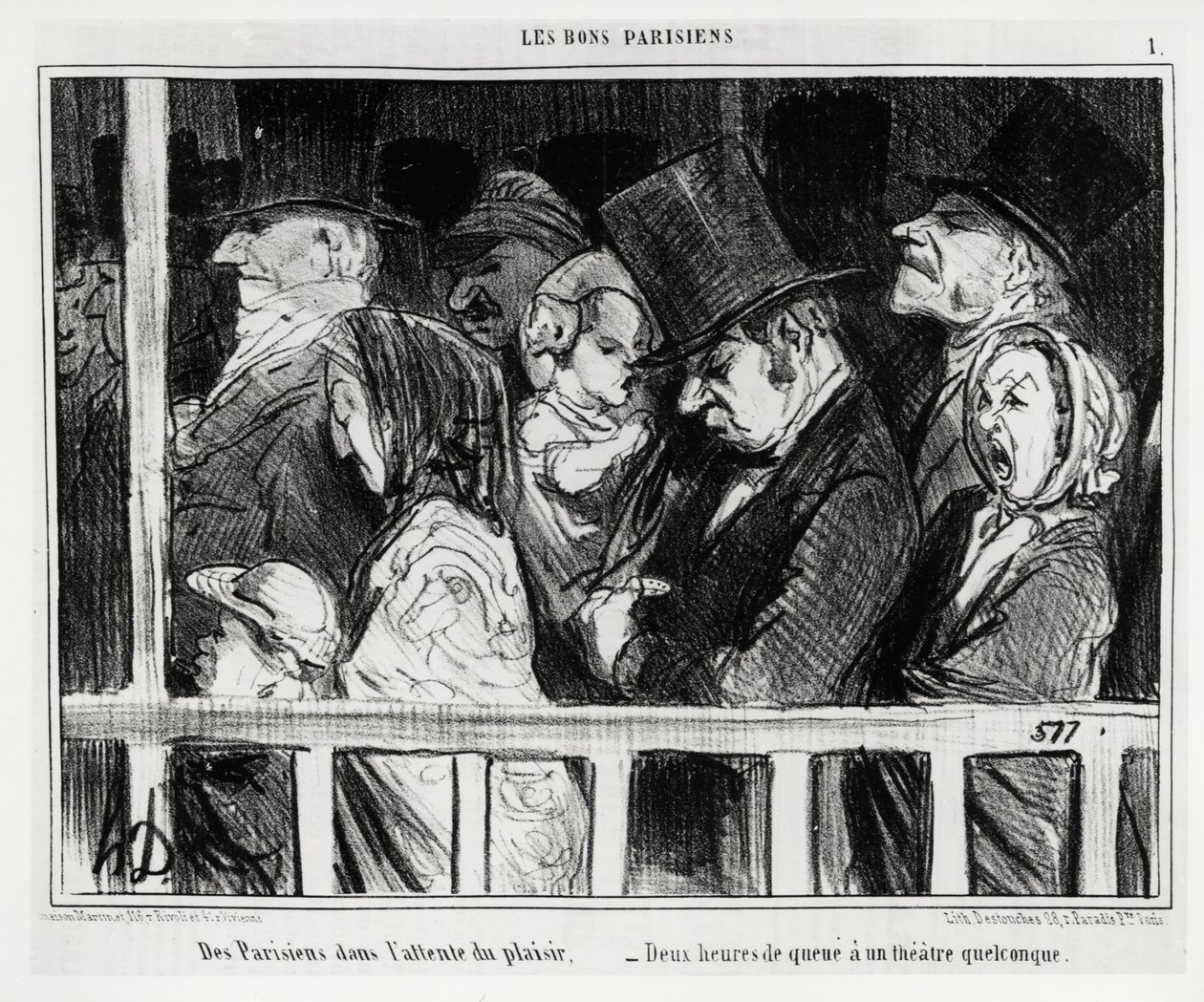 Buenos parisinos: parisinos esperando diversión, dos horas de cola en algún tipo de teatro. Ilustración de Honoré Daumier (1808-1879), publicada en "Charivari", con fecha 5 de marzo de Honoré Daumier