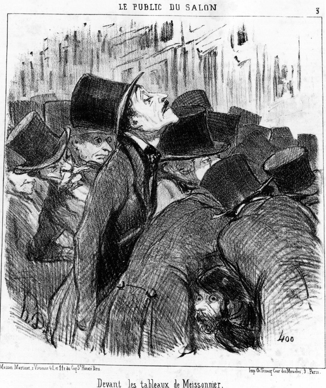 Frente a las pinturas de Meissonnier, tomado de “Pinturas y Salones”, serie de caricaturas de Honore Daumier (1808-1879). “Charivari” de Honoré Daumier