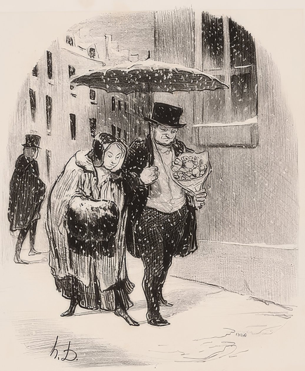 Inconveniente de tener un pariente llamado Babylas, lo que obliga a llevarle un ramo de flores el 24 de enero (De la serie) de Honoré Daumier