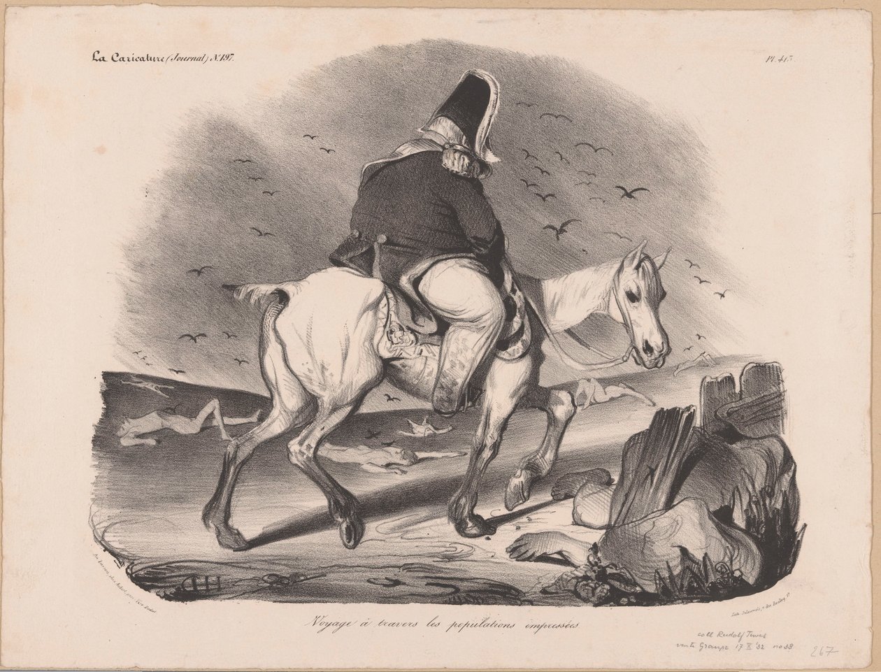 Caricatura de Luis Felipe I, rey de Francia a caballo entre cadáveres
Voyage à travers les populations empressées (título en el objeto) de Honoré Daumier