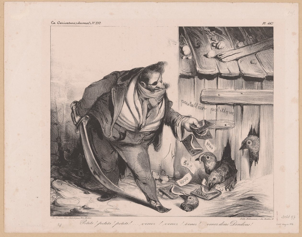 Caricatura del rey Luis Felipe I de Francia como bandido
¡Pequeños! ¡pequeños! ¡pequeños! (...) ¡Ven donc dindons! (título en el objeto) de Honoré Daumier