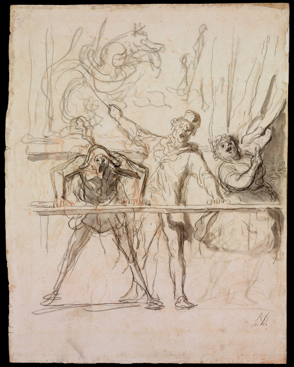 La Parade - The Side-Show - Daumier, Honore (1808-1879) - 1865 - Tiza negra, acuarela en Papel - 39,8x30,4 - Szepmuveszeti Muzeum, Budapest de Honoré Daumier