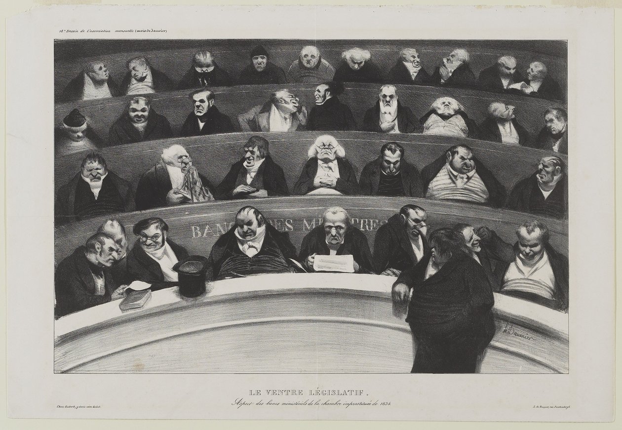 Le Ventre Législatif: Aspecto de los bancos ministeriales en la Cámara de Prostitución de 1834 de Honoré Daumier