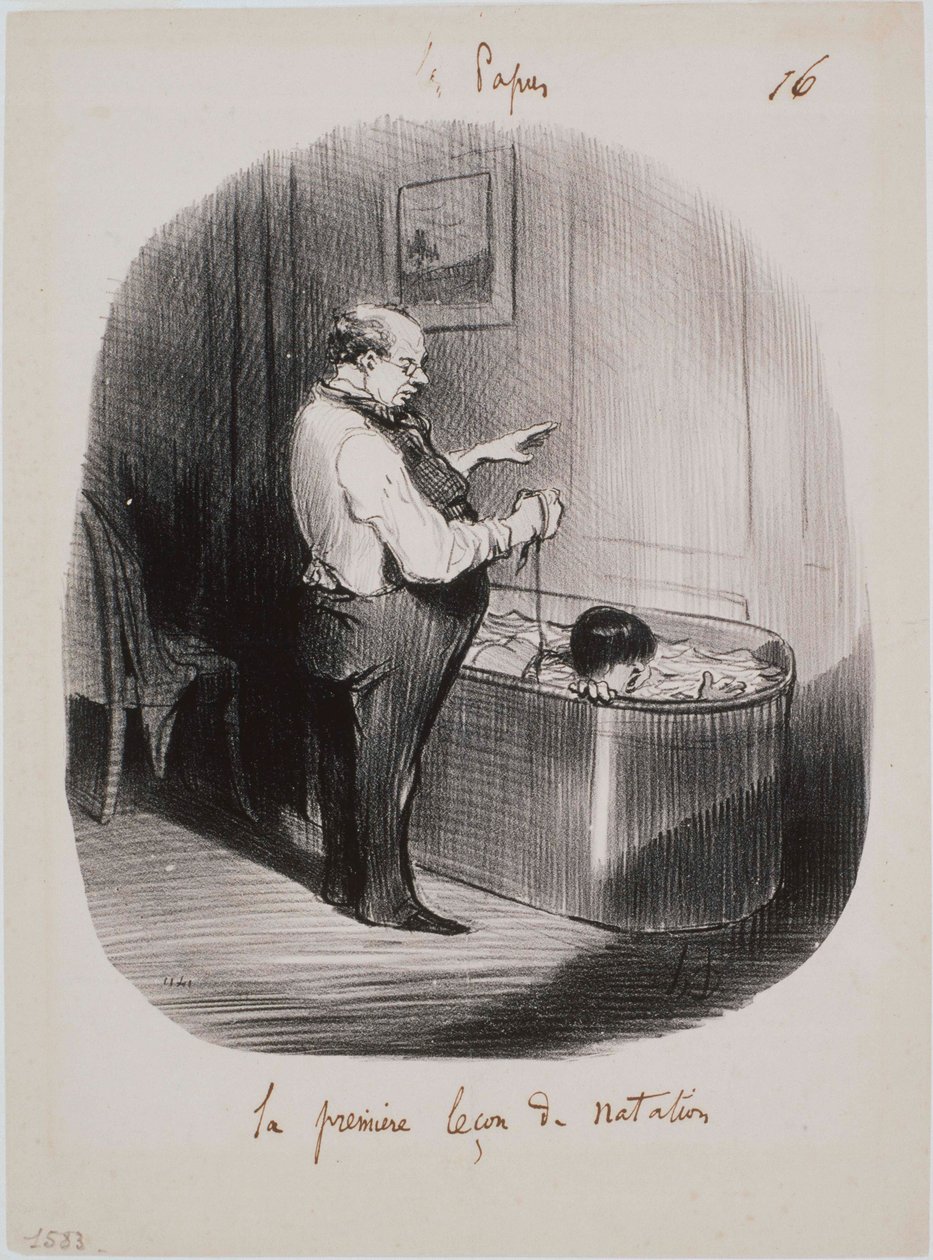 Les Papas- La primera lección de natación de Honoré Daumier