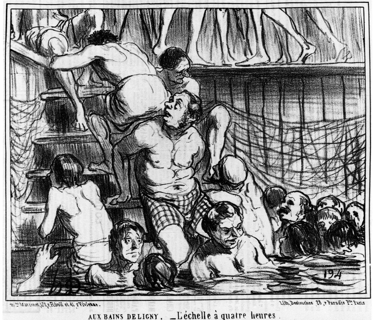 Les bains Deligny - La escala de las cuatro horas: ilustración de la serie "Boceto de verano" de caricaturas sobre natación y los baños Deligny por Honoré Daumier (1808-1879). "Charivari" de Honoré Daumier