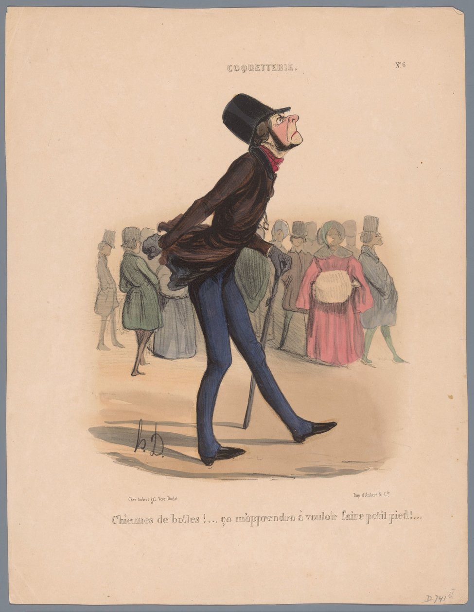 El hombre camina con zapatos demasiado pequeños
¡Chiennes de bottes! (...) (título en el objeto)
Vanidad (título de la serie)
Coquetterie (título de la serie en el objeto) de Honoré Daumier