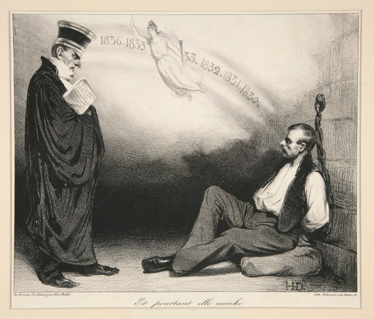 Galilea moderna. Y sin embargo camina. (Un Galileo moderno. Y sin embargo se mueve), pl. 436 de la revista La Caricatura no. 209 de Honoré Daumier
