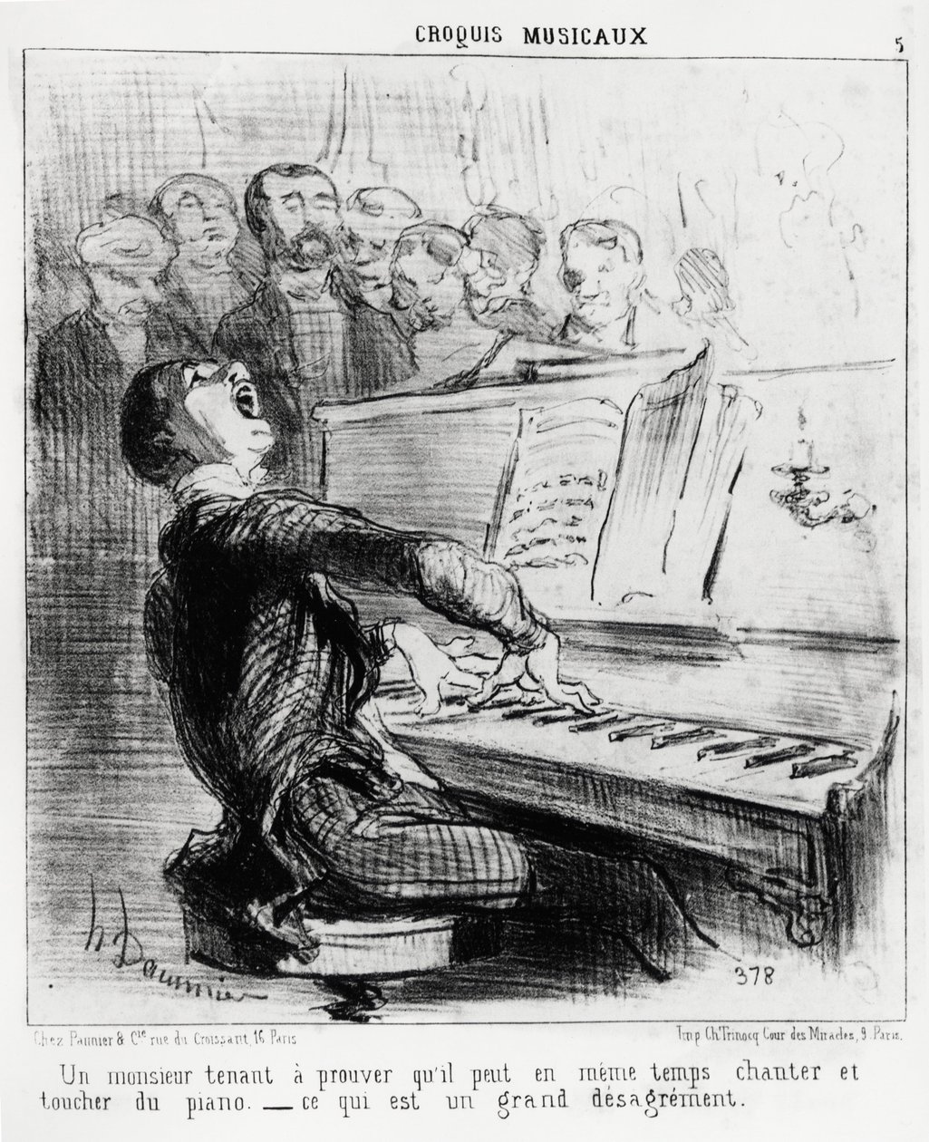 Bocetos musicales: un caballero que quiere demostrar que puede cantar y tocar el piano al mismo tiempo, lo cual es muy vergonzoso. Ilustración de Honore Daumier (1808-1879), publicada en “Charivari”, fecha 17 de febrero de 1852. de Honoré Daumier