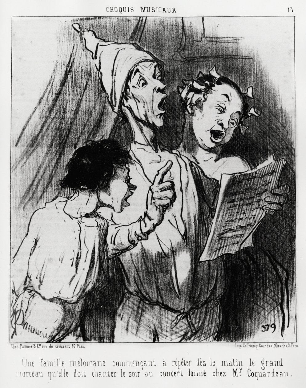 Bocetos musicales: una familia melómana comenzando a repetir en la mañana la gran canción que tenían que cantar en la noche en el concierto dado a Mr. Coquardeau. Ilustración de Honoré Daumier, publicada en 