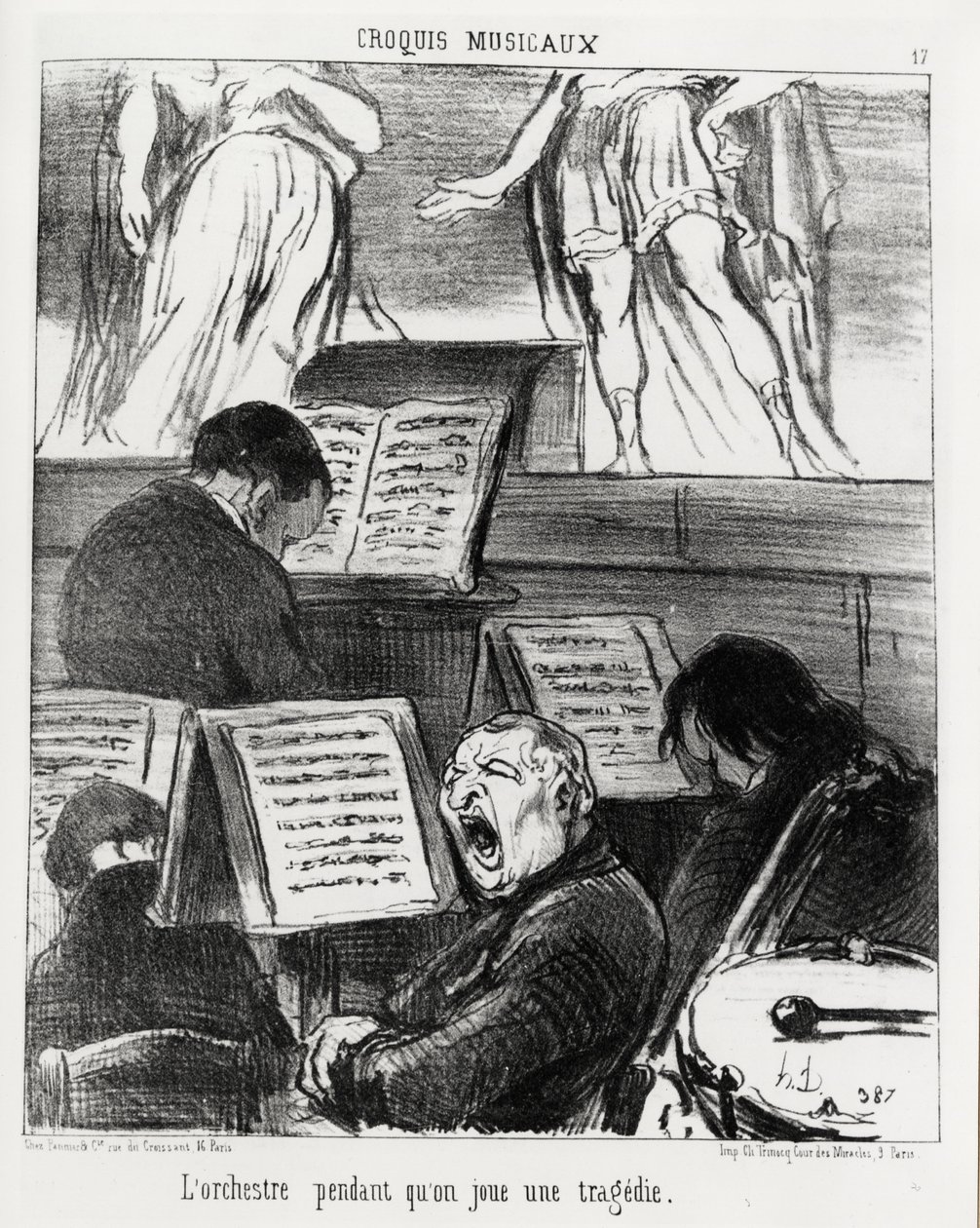 Bocetos musicales: la orquesta mientras toca una tragedia. Ilustración de Honoré Daumier, publicada en “Charivari”, fechada el 5 de abril de 1852 de Honoré Daumier
