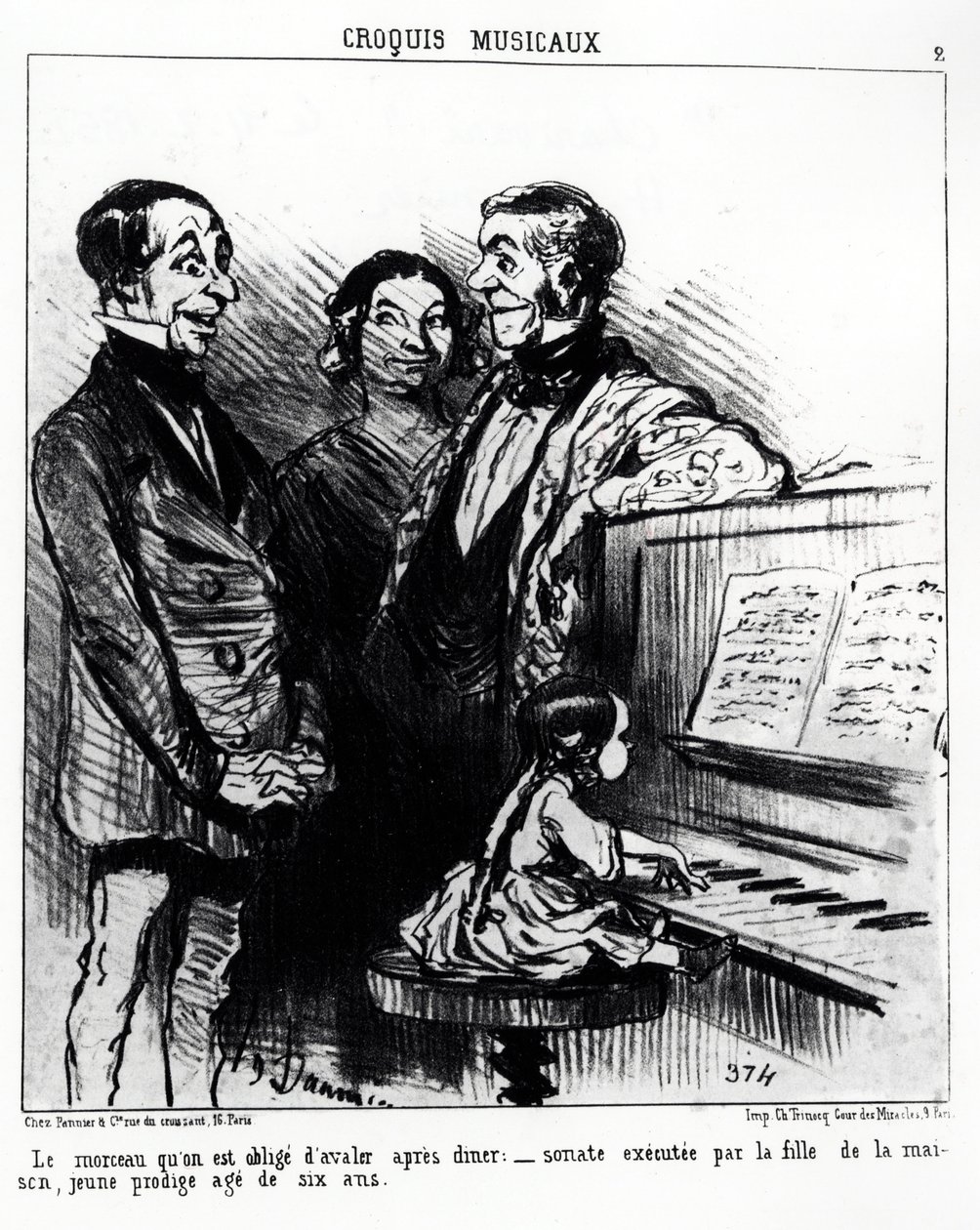 Bocetos musicales: la canción que te ves obligado a tragar después de la cena: sonata ejecutada por la hija de la casa, una joven prodigio de seis años. Ilustración de Honoré Daumier, publicada en 