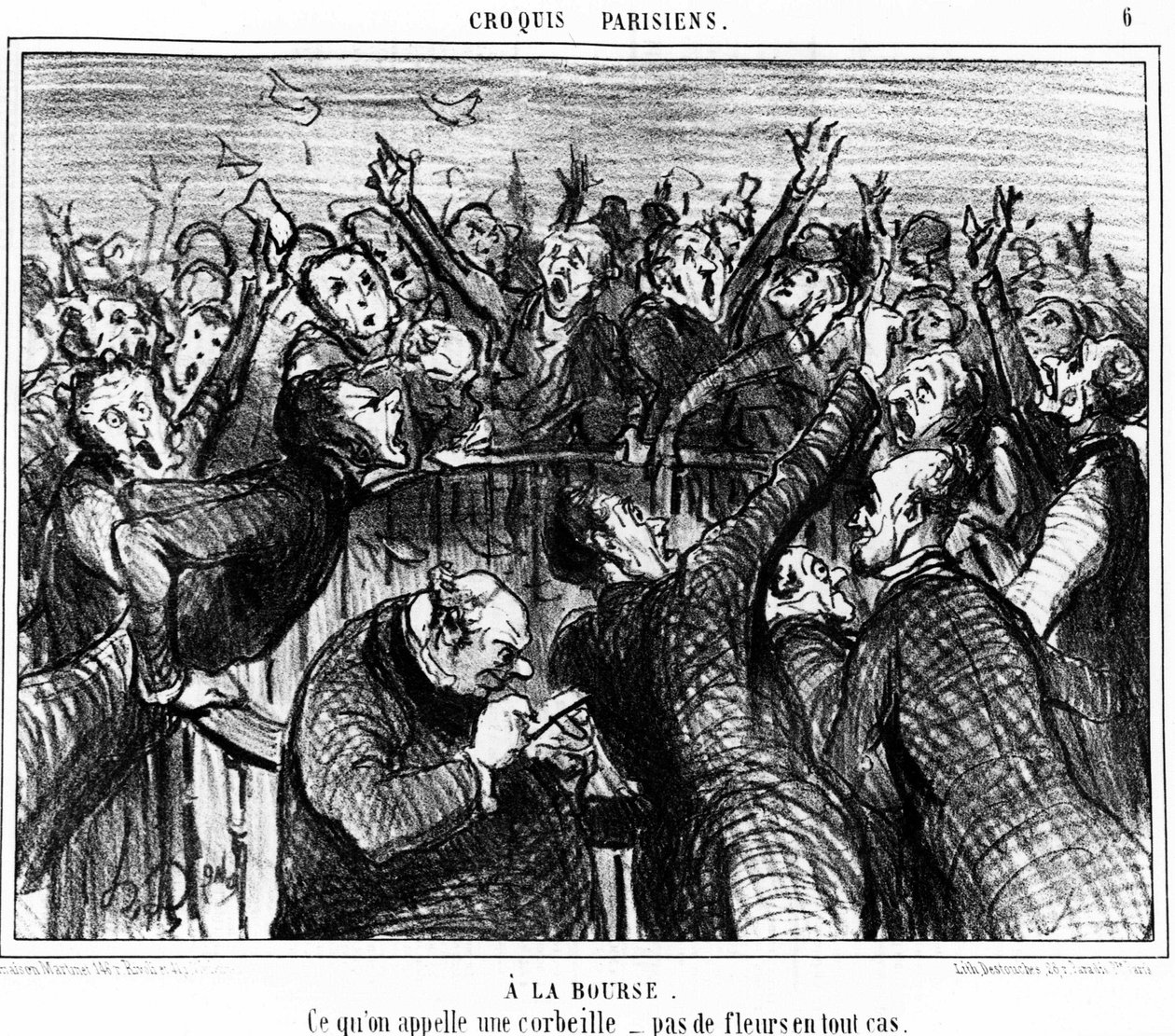 En la bolsa, lo que se llama una cesta, en ningún caso flores: serie de caricaturas sobre la bolsa de Honoré Daumier. “Charivari” de Honoré Daumier