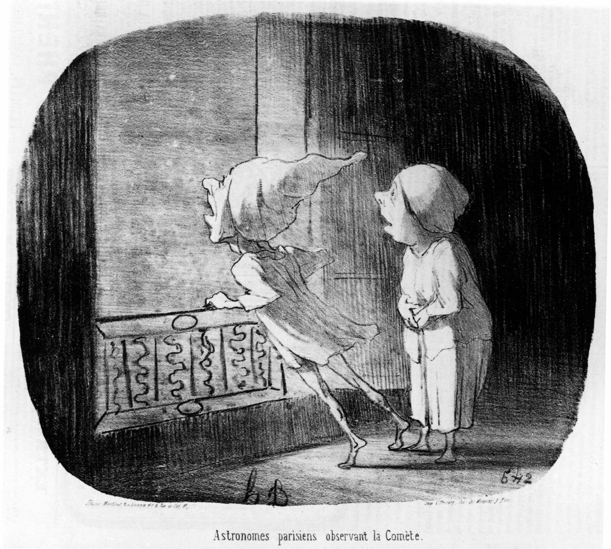 Astrónomos parisinos observando el cometa, tomado de “Astronomy”, una serie de caricaturas sobre astrónomos y el cometa de Honoré Daumier (1808-1879). “Charivari” de Honoré Daumier