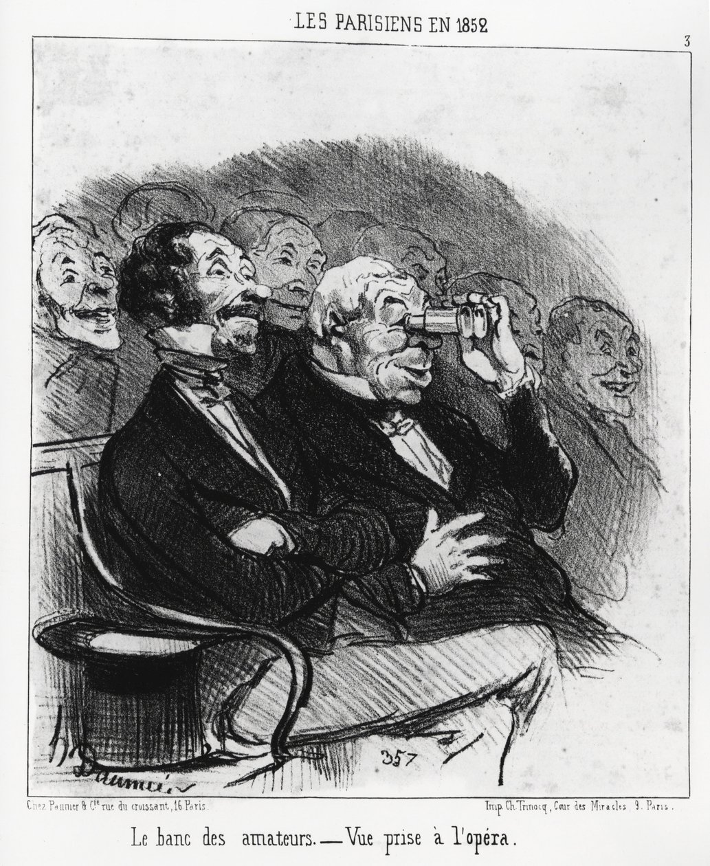 Parisienses en 1852: el banco de aficionados, vista tomada en la ópera. Ilustración de Honoré Daumier, publicada en 