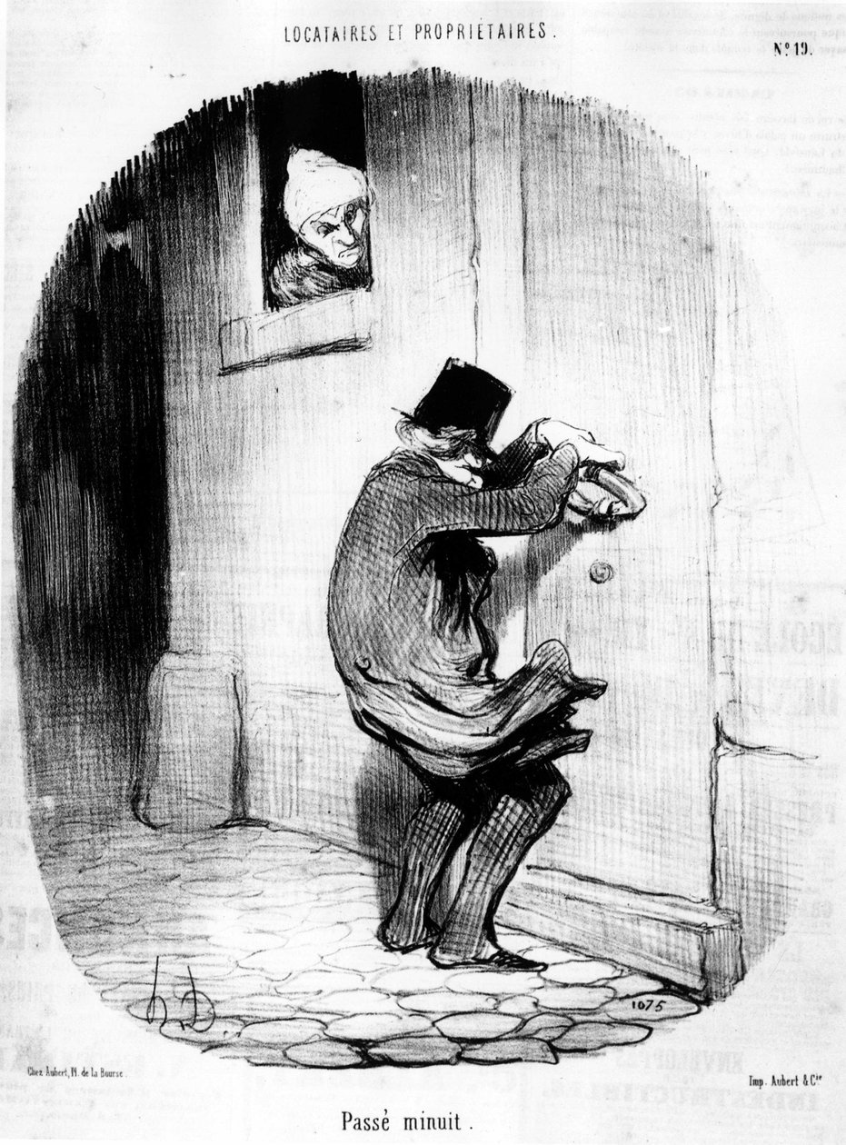 Pasada la medianoche. hombre regresando tarde al inquilino, de “Inquilinos y Propietarios”, serie de caricaturas de Honoré Daumier (1808-1879). “Charivari” de Honoré Daumier