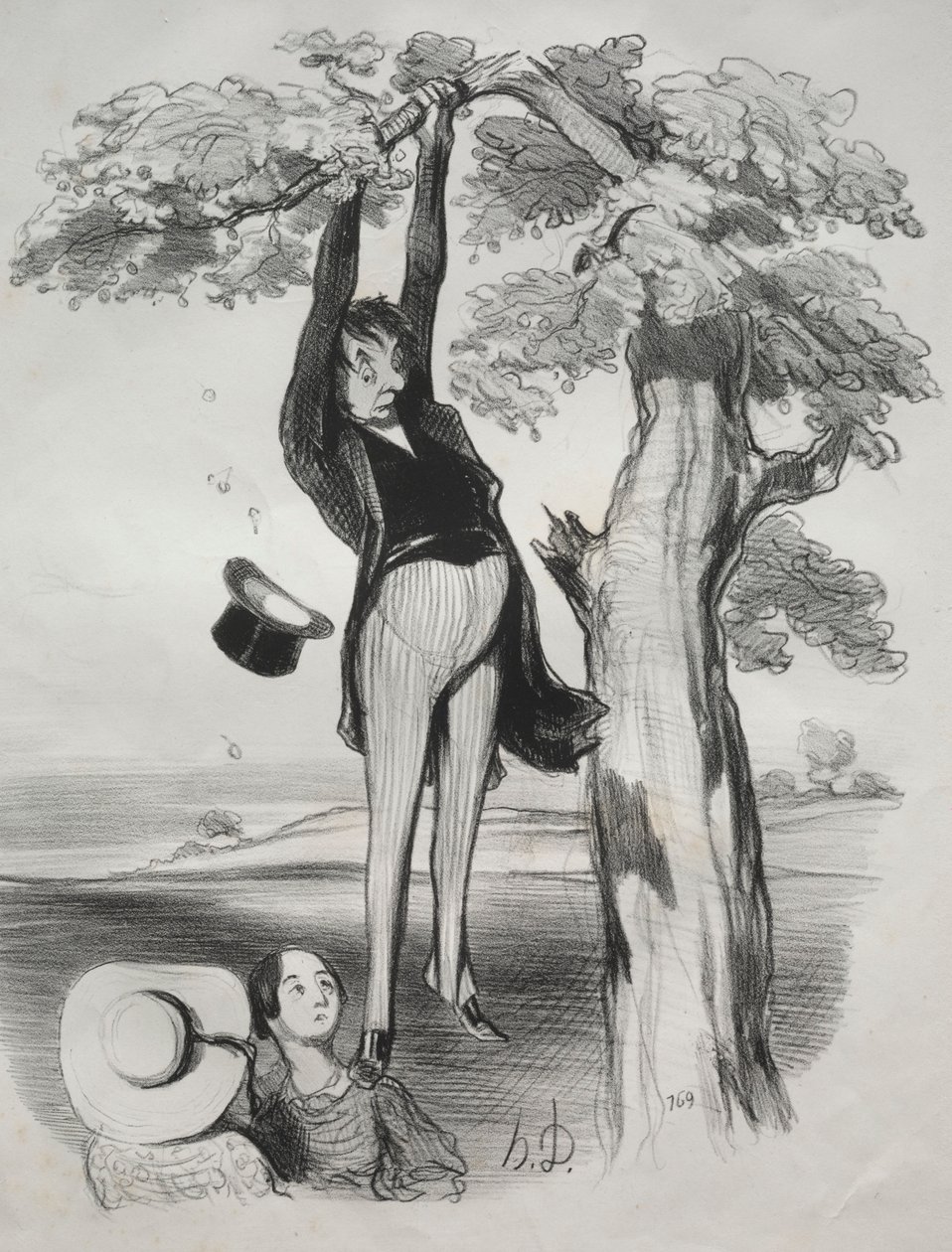 Pastorales, lámina 2: Los peligros de sacudir un ciruelo con demasiada fuerza..., 1845 de Honoré Daumier