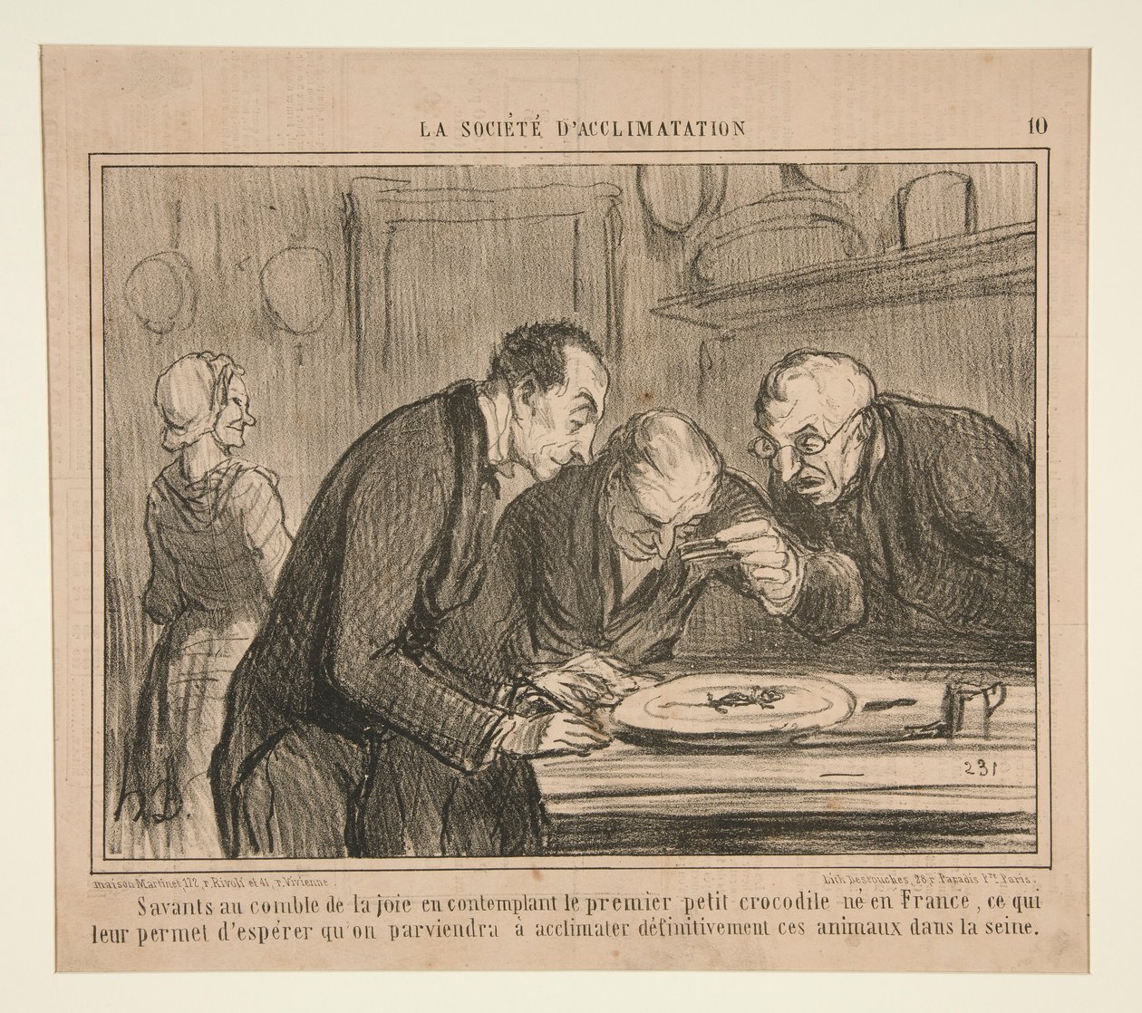 Científicos en el colmo de la alegría contemplando el primer pequeño cocodrilo de Honoré Daumier
