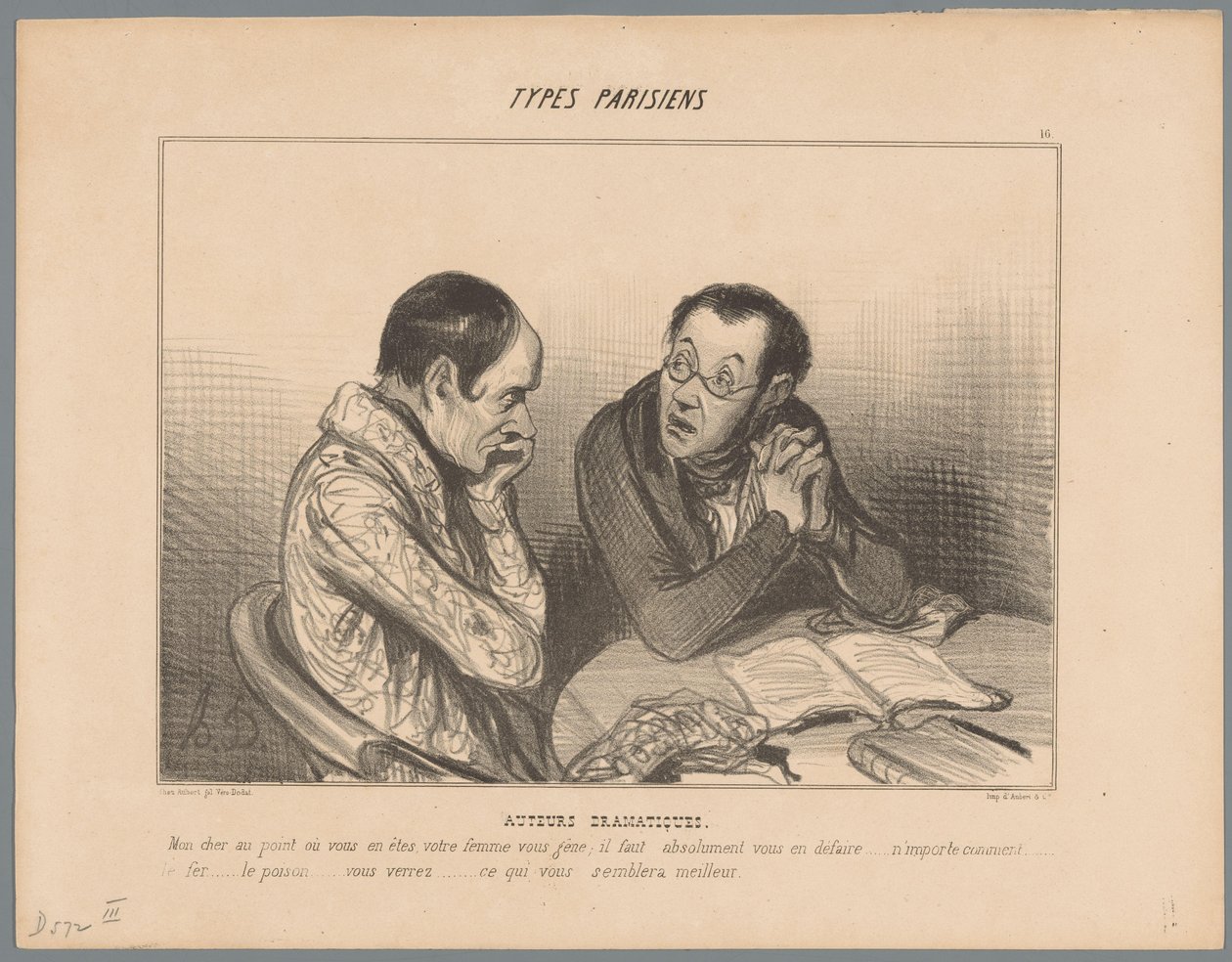 Un escritor aconseja a un colega que se deshaga de su mujer
Autores dramáticos (título en el objeto)
Tipos parisinos (título de la serie)
Types Parisiens (título de la serie en el objeto) de Honoré Daumier