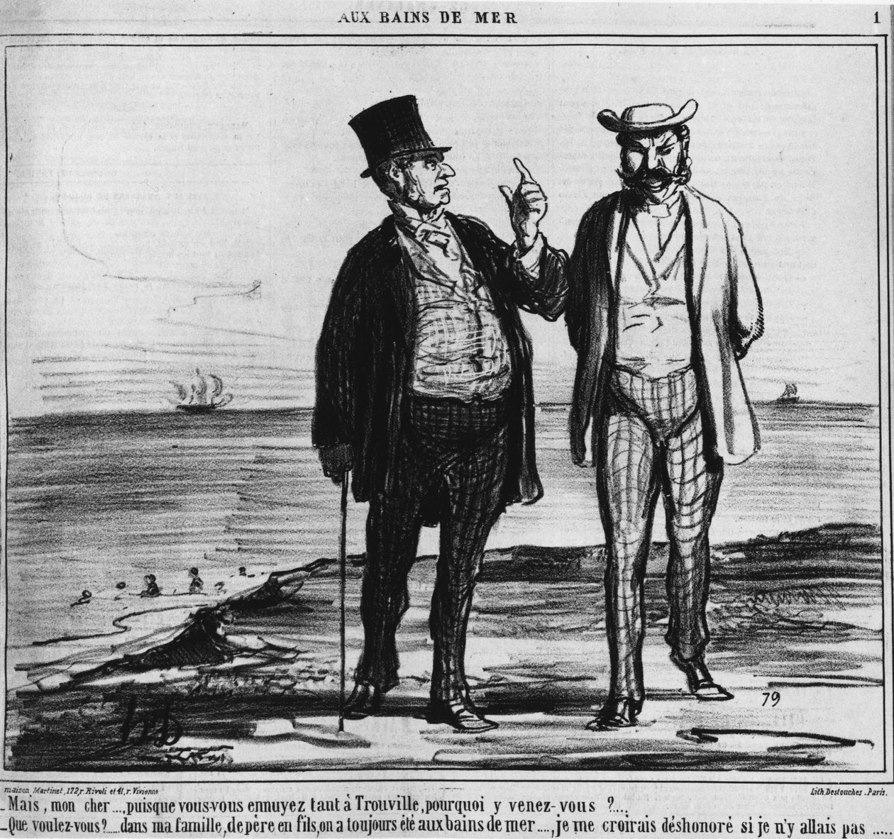 Baños en la playa: parisinos en una playa de Trouville del peso de las tradiciones y hábitos familiares - por Honore Daumier, en “Charivari” del 25/08/1859 de Honoré Daumier