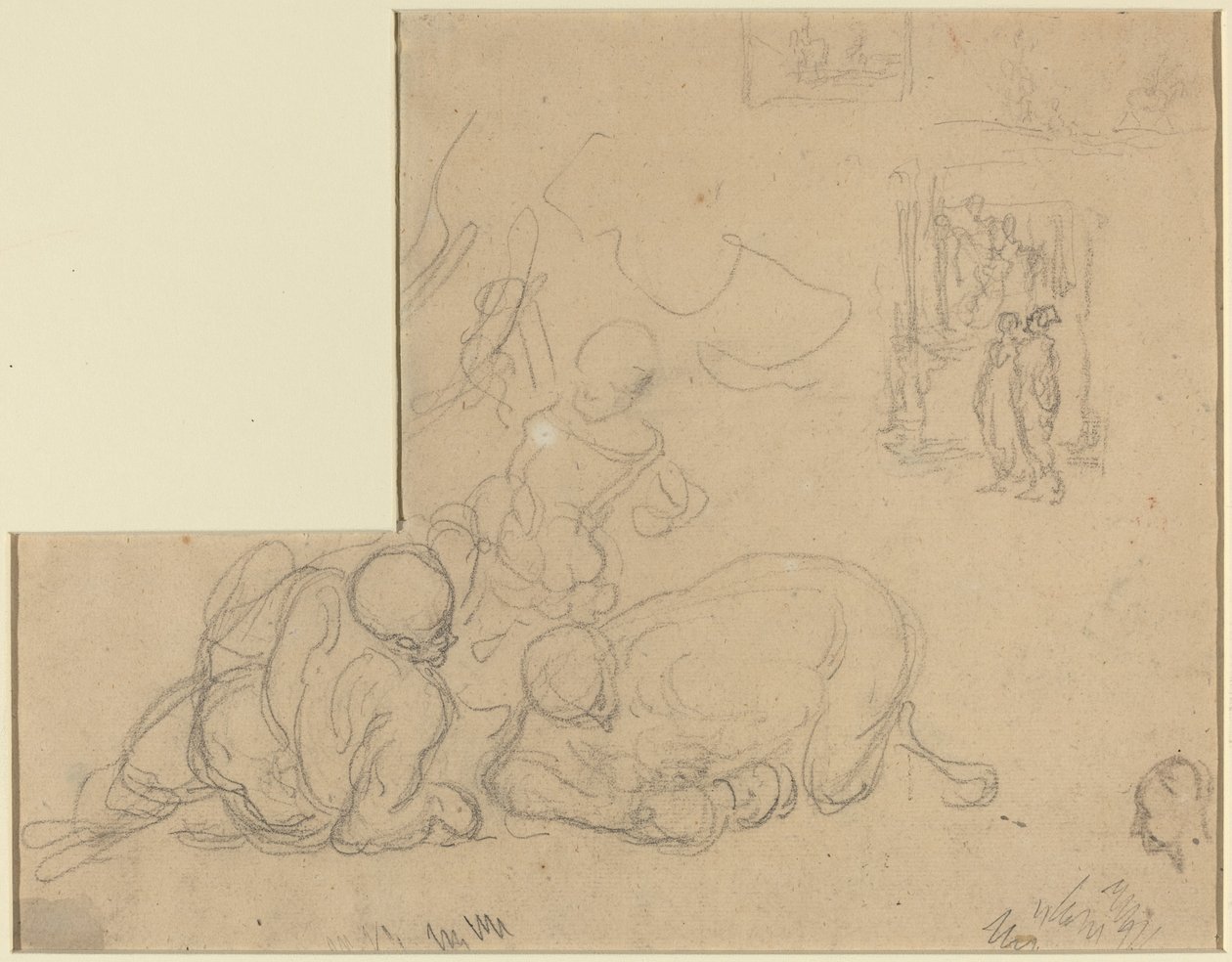 Hoja de estudios con dos hombres grandes en el suelo de Honoré Daumier