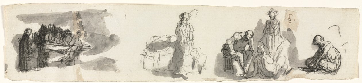 Hoja de estudios con un grupo de cuatro figuras a la derecha, tercer cuarto del siglo XIX de Honoré Daumier