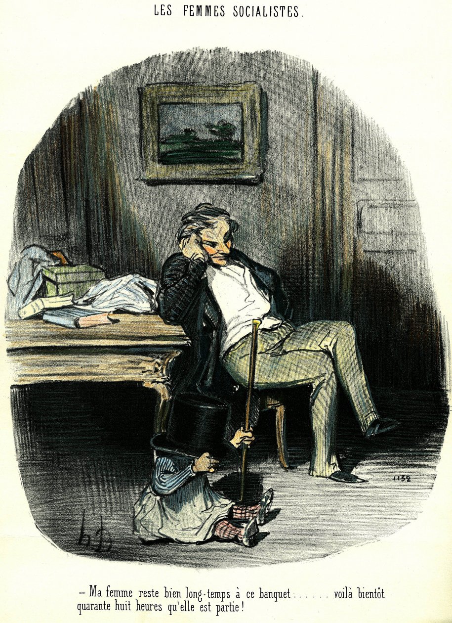Mujeres socialistas. Caricatura antifeminista que representa a un hombre esperando con su hijo a su esposa desaparecida durante dos días. Litografía de Honoré Daumier (1808-1879) siglo XIX. Colección privada. de Honoré Daumier