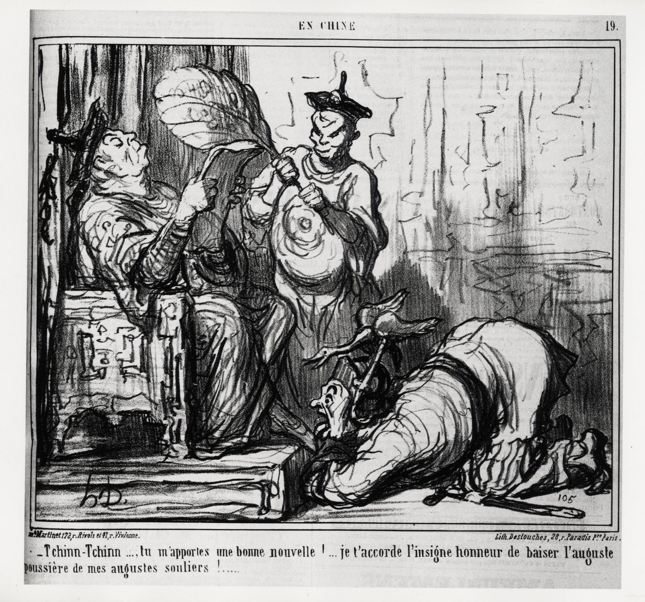 Tchinn Tchinn... ¡Me traes buenas noticias! Te concedo el gran honor de besar el polvo augusto de mis augustos zapatos. En la serie En China, ilustración de Honoré Daumier, publicada en 