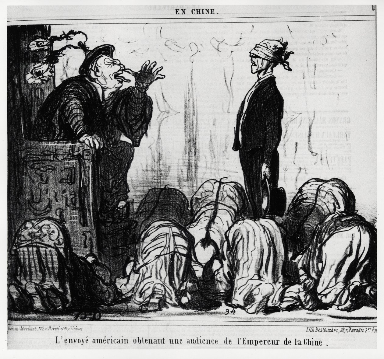 El enviado americano obteniendo una audiencia del Emperador de China. En la serie En Chine, ilustración de Honoré Daumier (1808-1879), publicada en "Charivari", con fecha 21 de octubre de Honoré Daumier