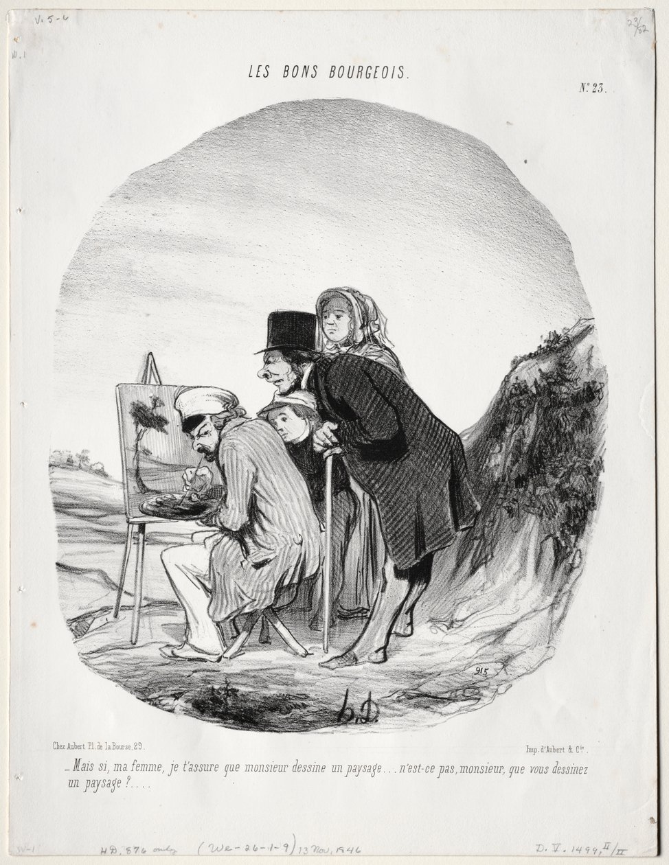 The Good Bourgeois, Plate 23: "But yes, my dear, I assure you that this gentleman is drawing a landscape...is it not so, sir, that you are drawing a landscape?" (Les bons bourgeios, planche 23: Mais si, ma femme...monsieur dessine un paysage..) de Honoré Daumier