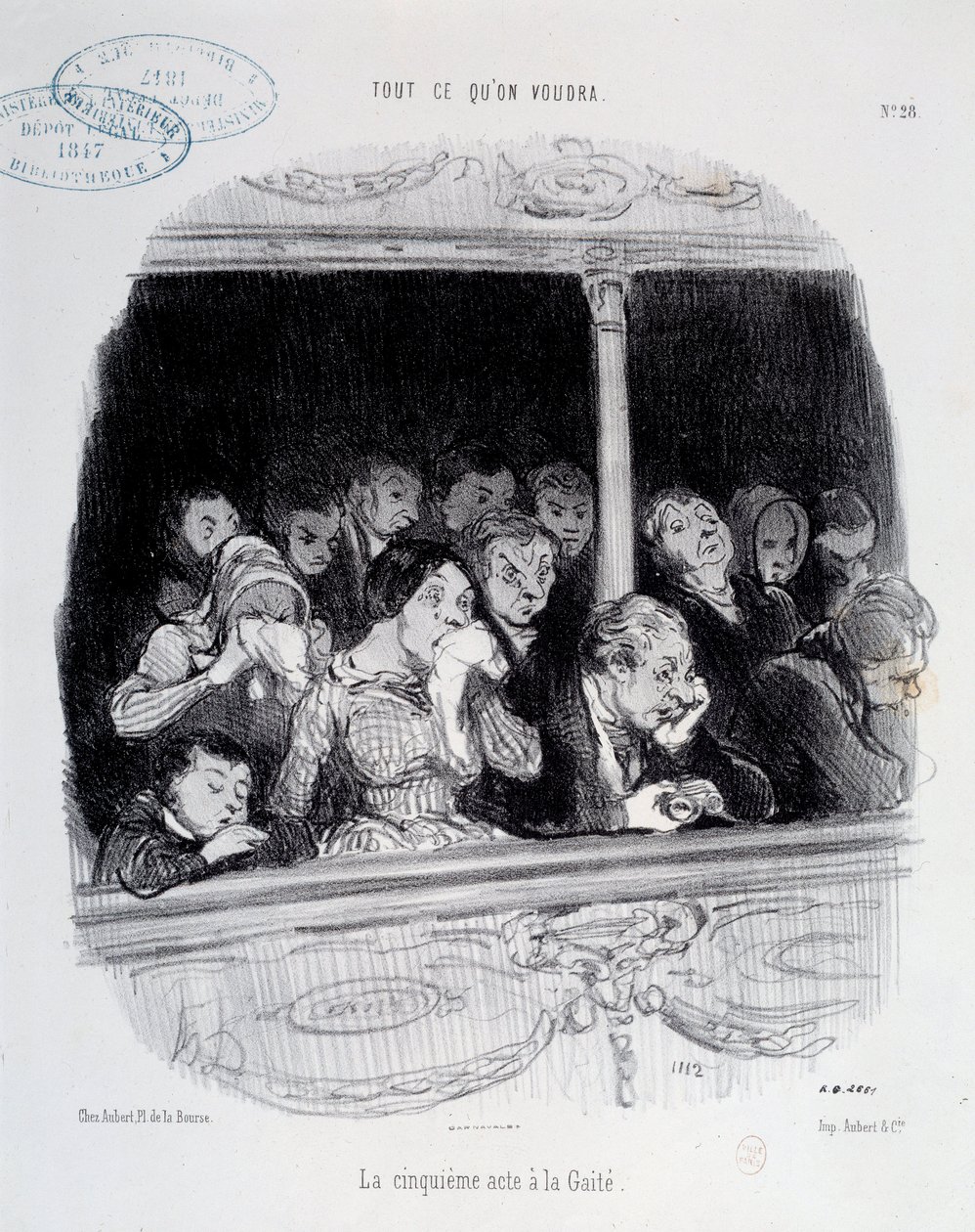 El quinto acto en la Gaite. Expresiones del rostro del público durante el espectáculo (aburrimiento, fatiga, desinterés) Caricatura por Honoré Daumier (1808-1879). Siglo XIX París, Museo Carnavalet de Honoré Daumier