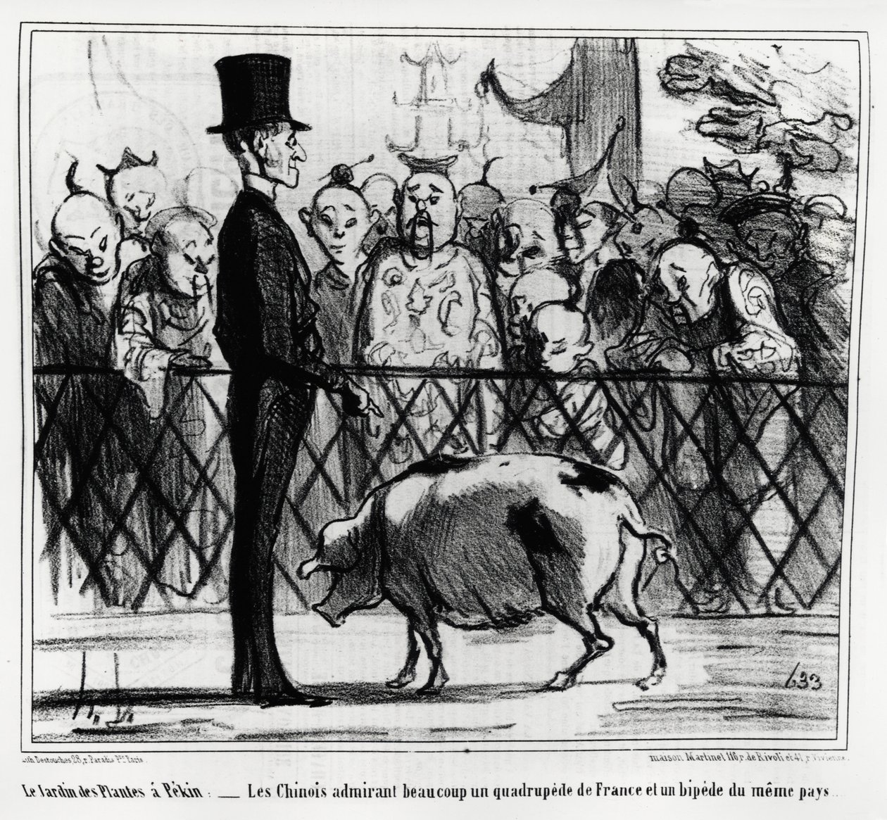 El jardín de plantas en Pekín: los chinos admirando un cuadrúpedo de Francia y un bip de el mismo país. Ilustración de Honoré Daumier (1808-1879), publicada en "Charivari", China Actualidades de Honoré Daumier