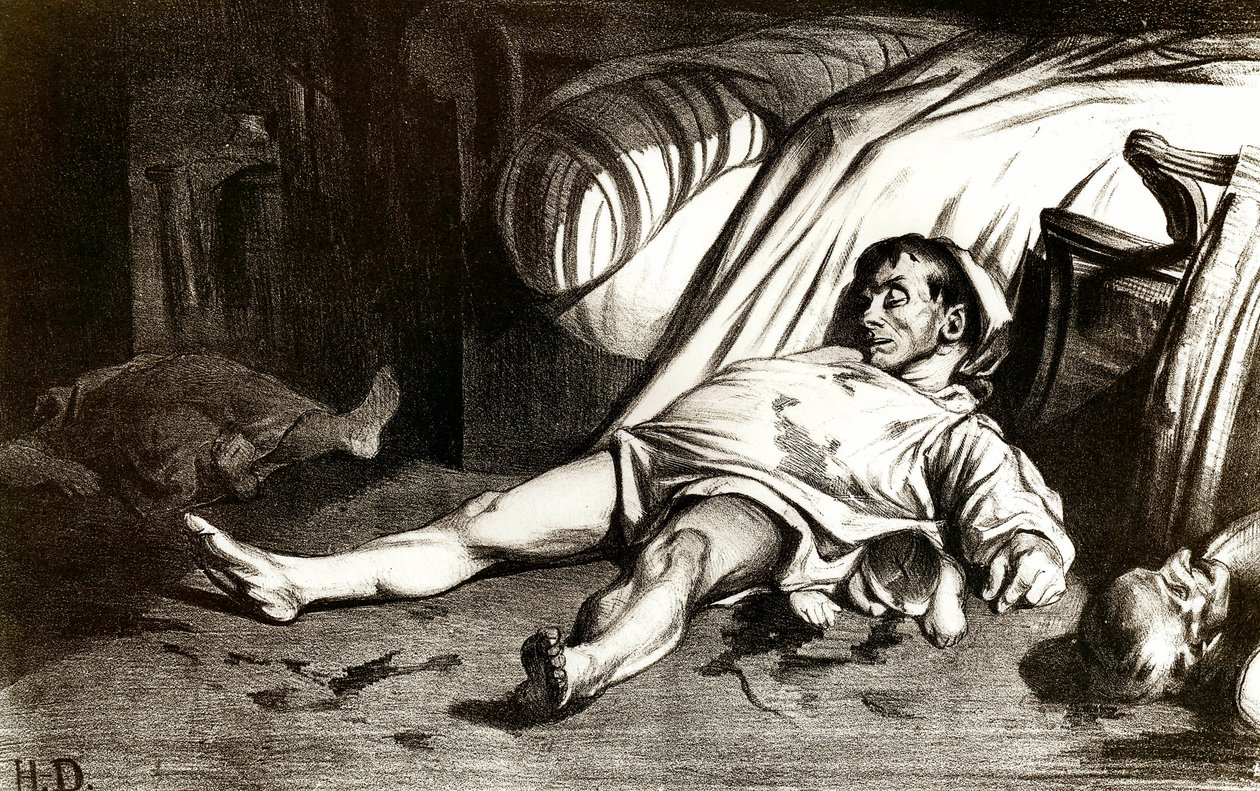 La masacre de la Rue Transnonain el 14/04/1834: los militares masacran a los habitantes del edificio 12 Rue Transnonain en París después de la muerte de uno de sus oficiales. Litografía de Honoré Daumier (1808-1879) 1837. Colección privada de Honoré Daumier
