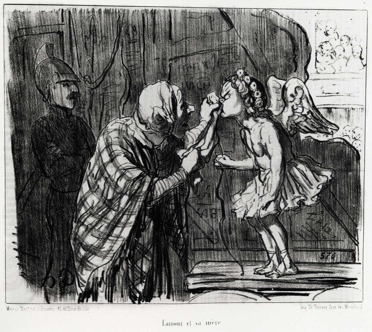 Boceto de teatro: amor y madre. Ilustración de Honoré Daumier (1808-1879), publicada en las noticias en "Charivari", con fecha 19 de diciembre de 1853 de Honoré Daumier