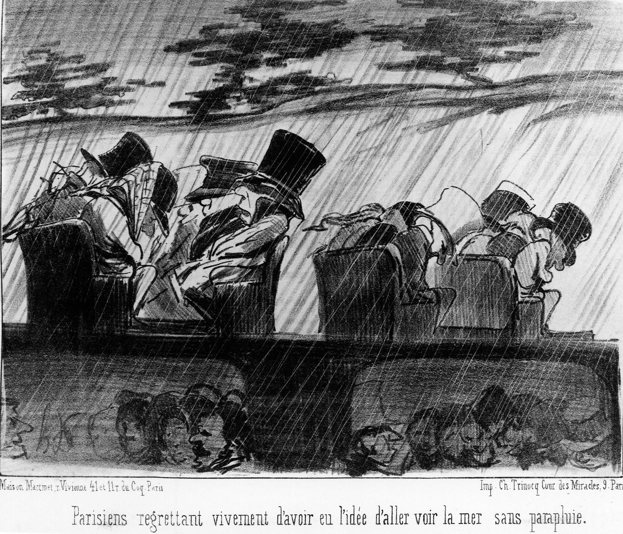 Trenes de placer: viajeros bajo la lluvia - por Daumier, en "Charivari" del 28/08/1852. de Honoré Daumier