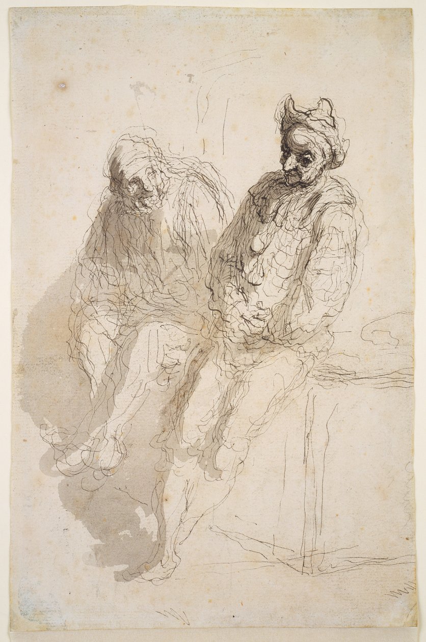 Dos Saltimbanques, c.1865-73 (tinta negra-gris, aguadas grises sobre papel) de Honoré Daumier