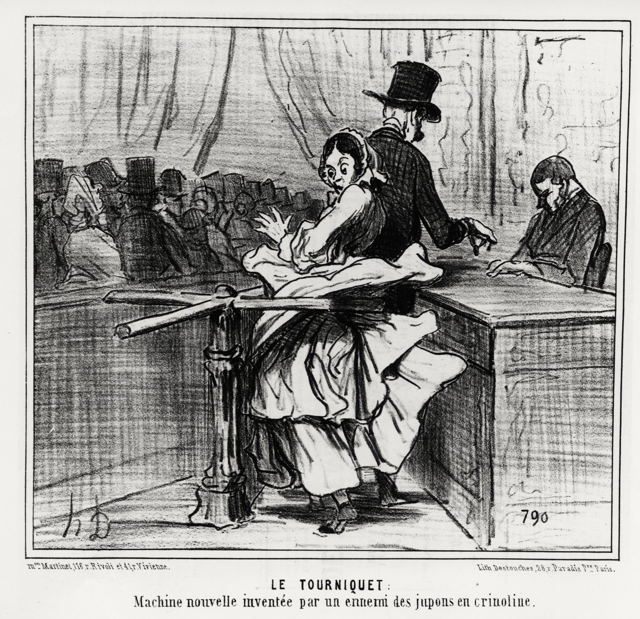 Exposición universal: el torniquete: una nueva máquina inventada por un enemigo de las enaguas de crinolina. Ilustración de Honoré Daumier, publicada en las noticias, “Charivari”, fechada el 26 de junio de 1855 de Honoré Daumier