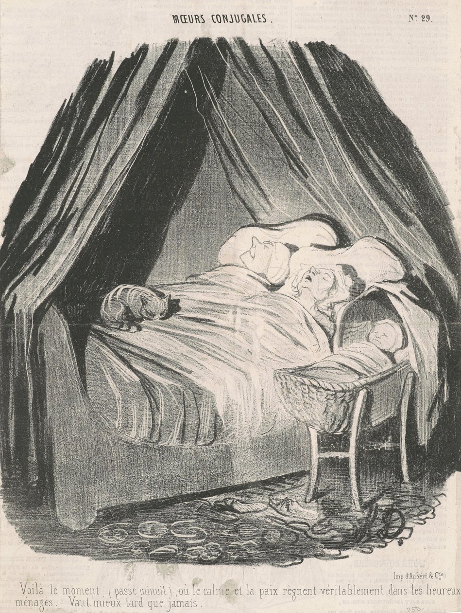 He aquí el momento (pasada la medianoche) donde la calma y la paz reinan verdaderamente en los hogares felices. Más vale tarde que nunca. de Honoré Daumier