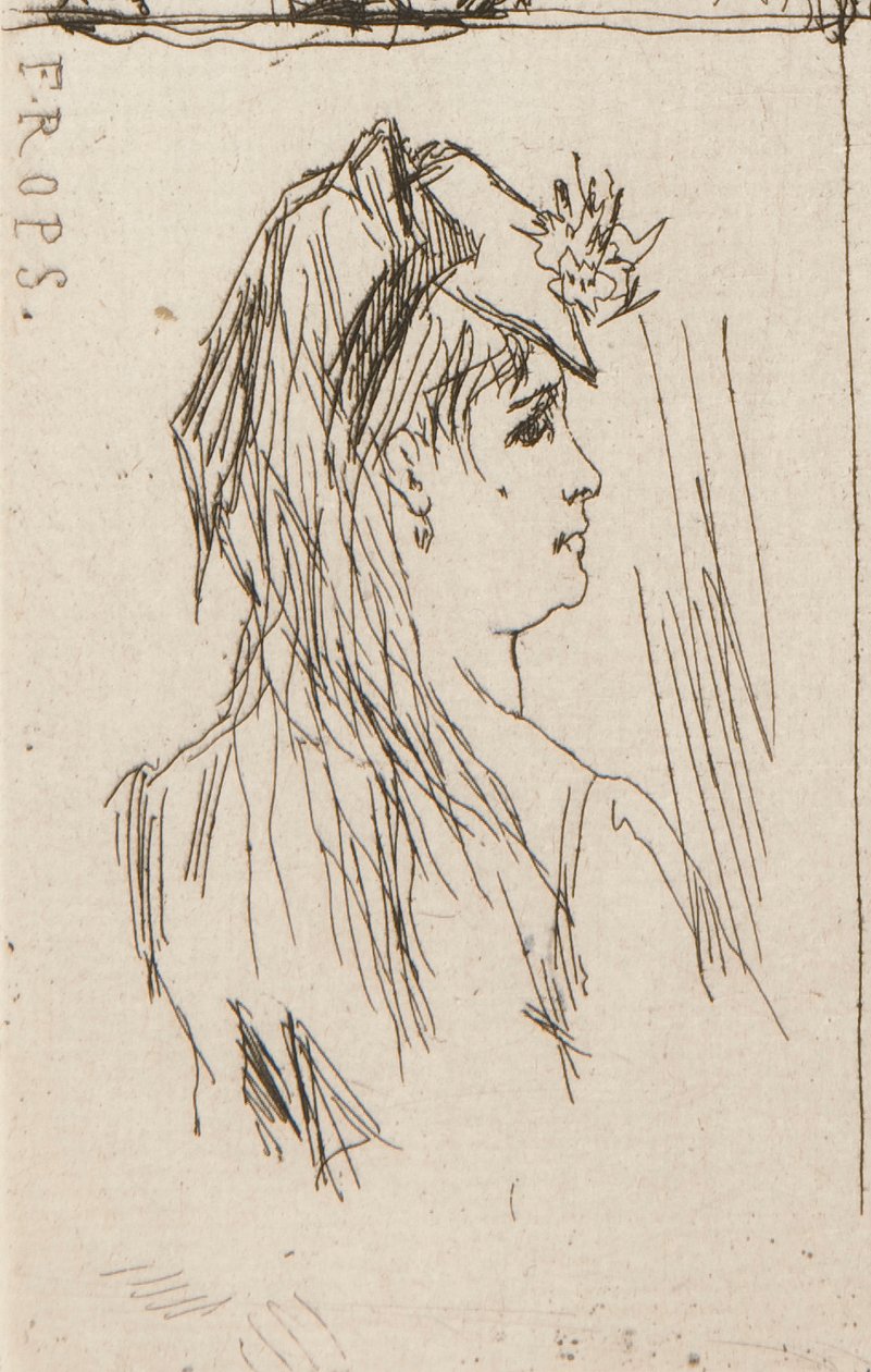 una. Cabeza de anciano de Daumier (arriba a la izquierda); b. Chez Charles Beriot de Taiee (arriba al centro); C. Cabeza de mujer joven de Rops (arriba a la derecha); d. Paisaje fluvial de Harpignies (centro inferior); mi. perfil, de, un, mujer joven de Honoré Daumier