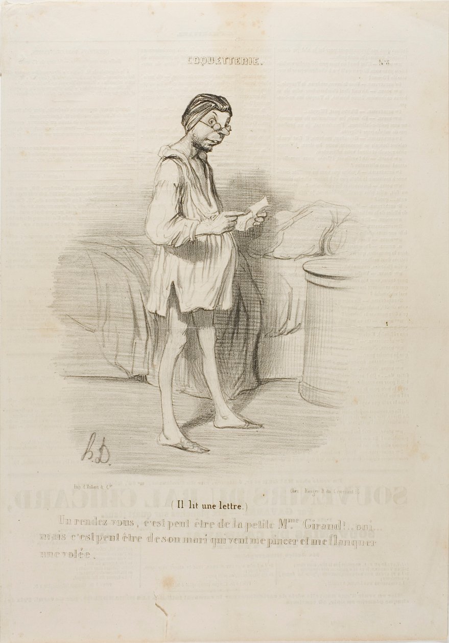(Está leyendo una carta) "Una cita, ¿podría ser de la guapa Mme Giraud Sí, pero también podría venir de su marido que quiere pellizcarme...", lámina 8 de Coquetterie de Honoré Victorin Daumier