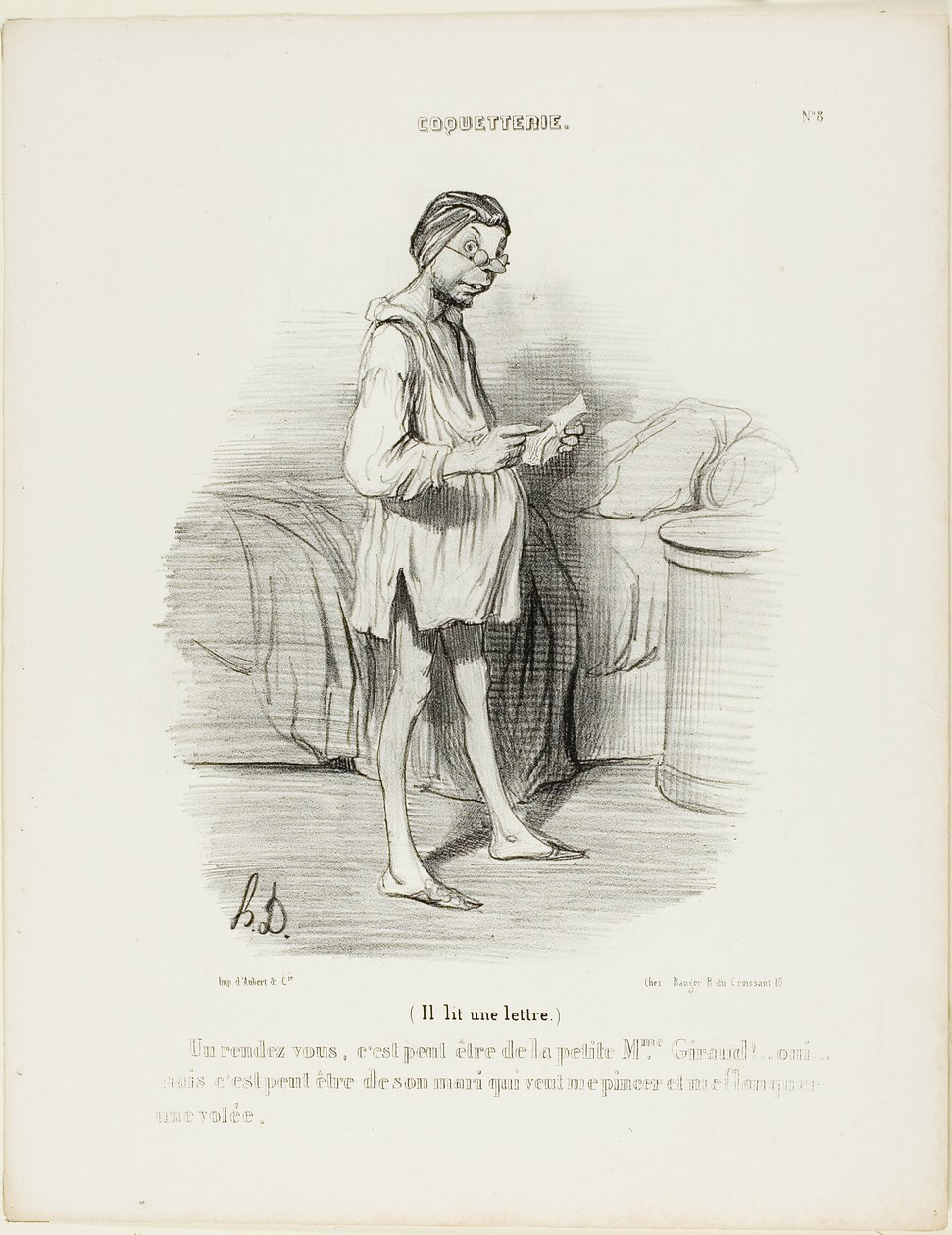 (Está leyendo una carta) "Una cita, ¿podría ser de la guapa Mme Giraud Sí, pero también podría venir de su marido que quiere pellizcarme...", lámina 8 de Coquetterie de Honoré Victorin Daumier
