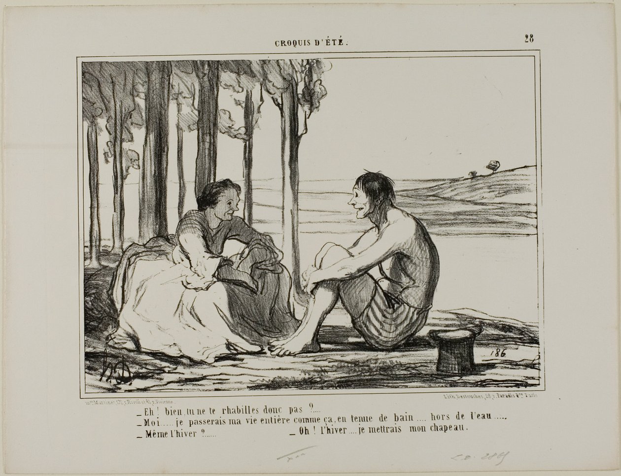 "- ¿No te vas a vestir - No... Permanezco así en bañador todo el día, fuera de la piscina. - ¿Incluso en invierno - Entonces me pongo el gorro!", lámina 28 de Croquis D