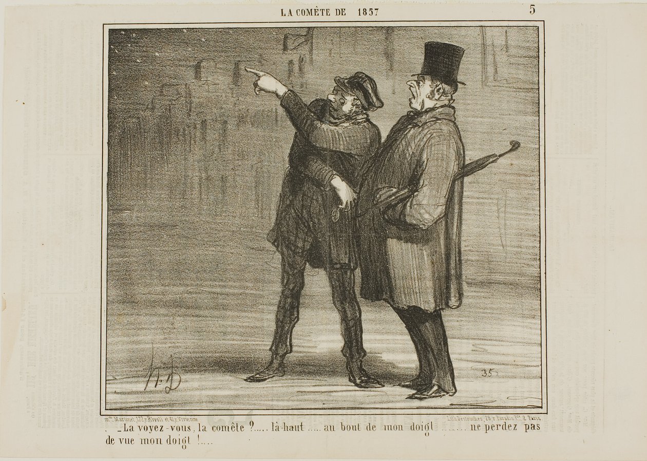"- ¿Puedes ver el cometa... justo ahí, en la punta de mi dedo... ¡no pierdas de vista la punta de mi dedo!", lámina 5 de La Comète De 1857 de Honoré Victorin Daumier
