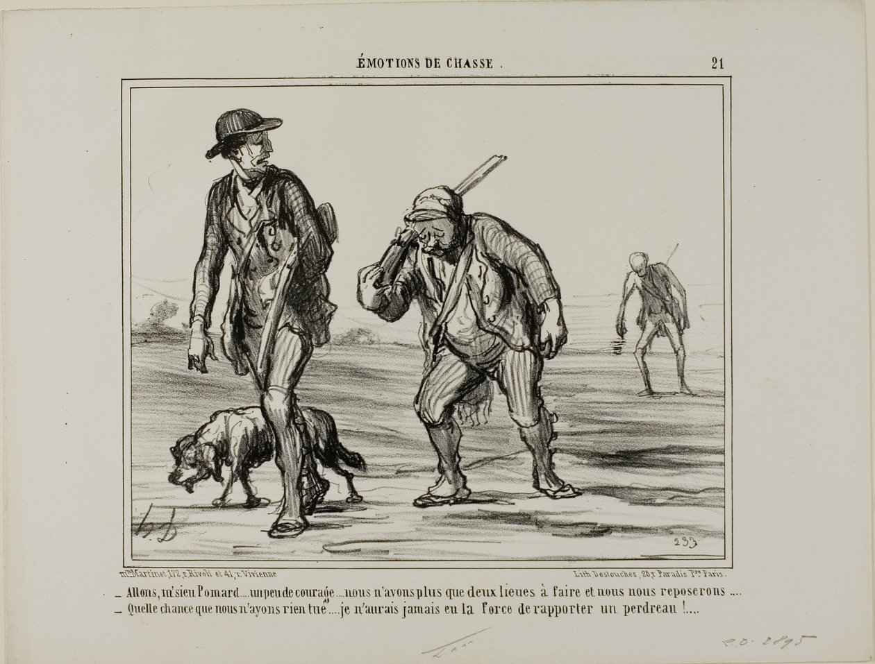 "- Vamos, vamos, Sr. Pomard... mantenga el ánimo... sólo dos leguas más y podremos descansar... - Qué suerte, no embolsamos nada... No tendría fuerzas ni para cargar una perdiz", lámina 21 de Émotions De Chasse. de Honoré Victorin Daumier