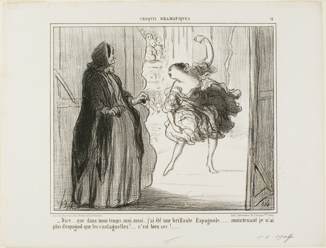 "- Difícil imaginar que en mis días también fui un aclamado bailarín español... hoy en día sólo mis castañuelas son españolas... qué lata...", lámina 11 de Croquis Dramatiques de Honoré Victorin Daumier