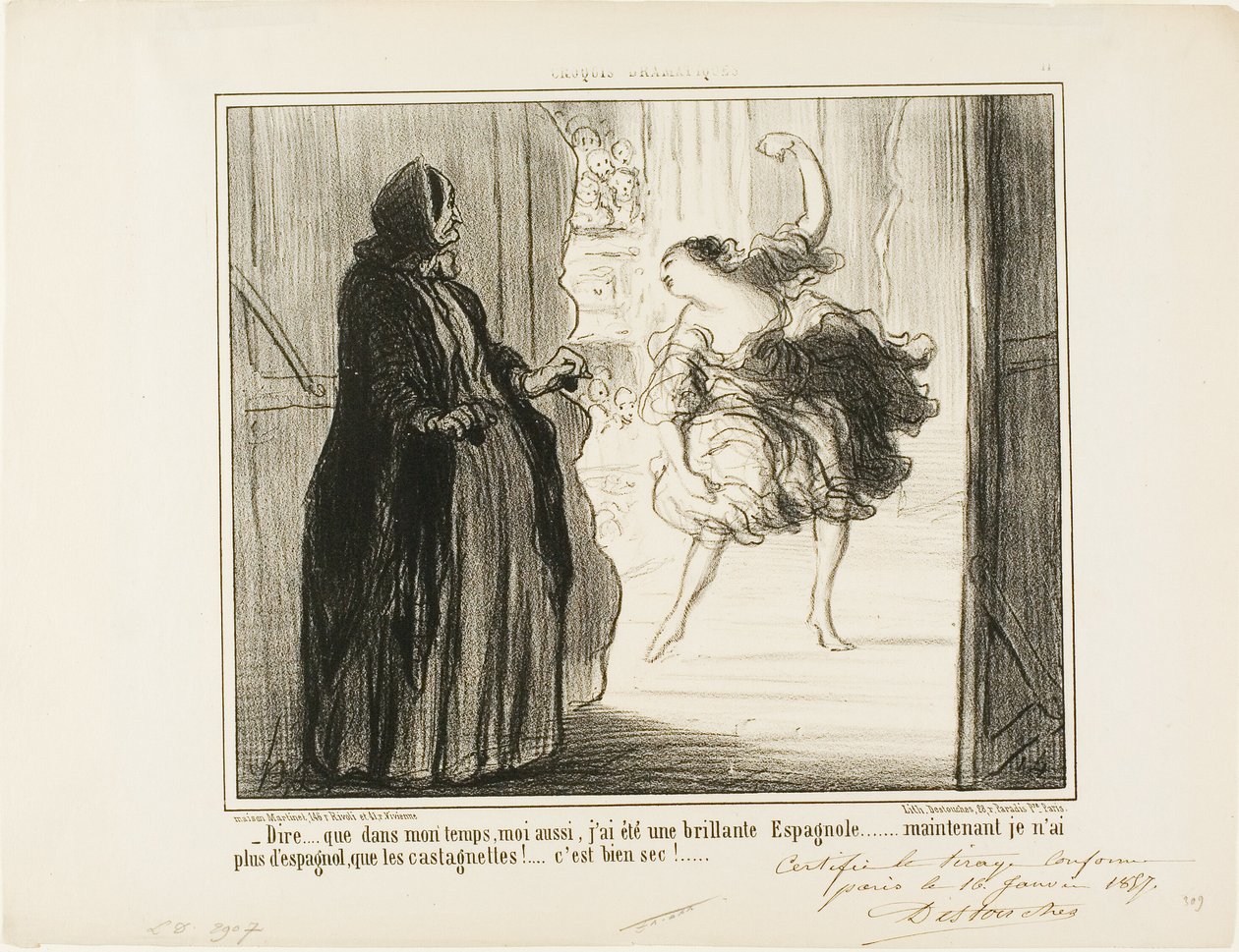 "- Difícil imaginar que en mis días también fui un aclamado bailarín español... hoy en día sólo mis castañuelas son españolas... qué lata...", lámina 11 de Croquis Dramatiques de Honoré Victorin Daumier